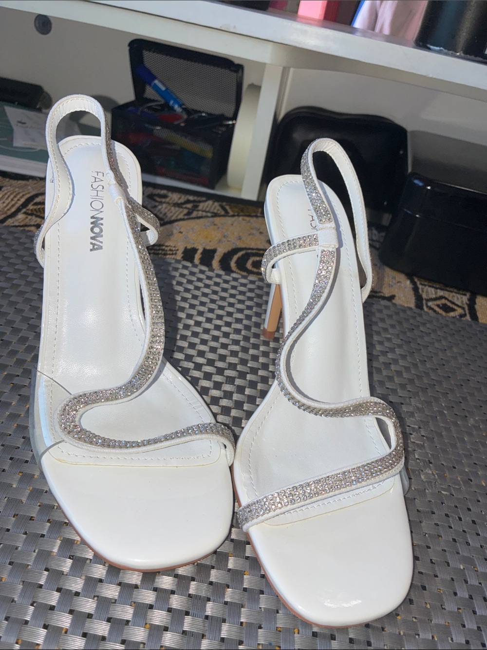 Fashion Nova White Crystal-Strap Stiletto Slingbacks